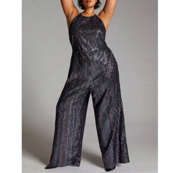 Anthropologie Maeve 26W NWT Metallic Disco Halter Wide Leg Jumpsuit Silver Black